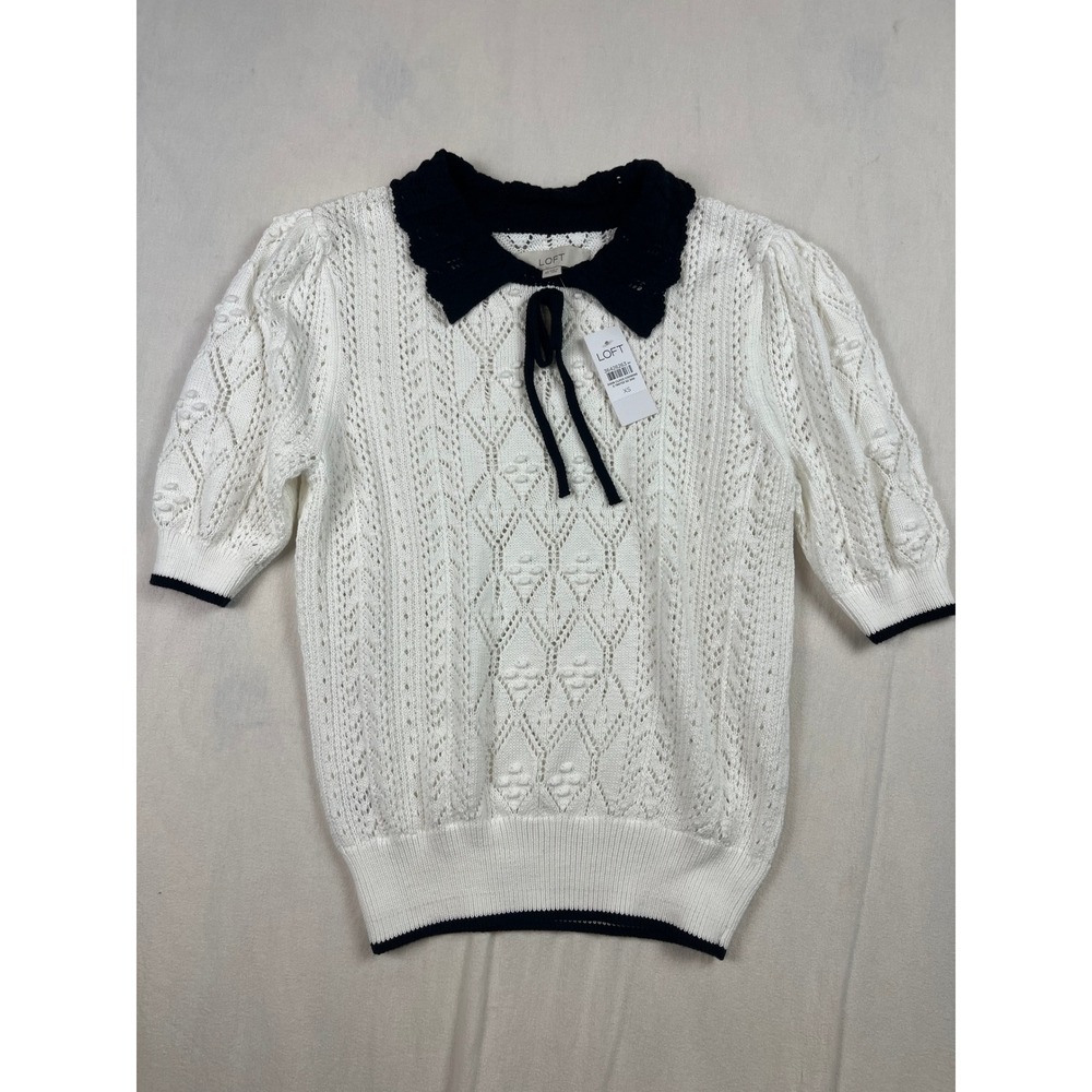 LOFT White Pointelle Knit Sweater Black Peter Pan Collar Tie Neck XS New